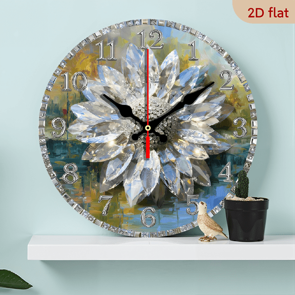 2D Flat 1pc 10Inch Wooden 1pc Diamond-Studded White Chrysanthemum Wall Clock - Silent Swiss Quartz Movement, 10Inch Round Modern Minimalist Design with Sparkling Diamond Accents, Battery-powered