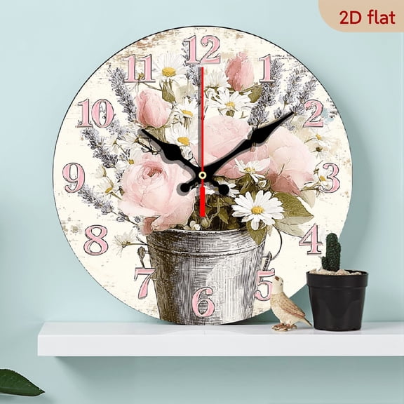 2D Flat 1pc 10Inch Wooden 1pc Elegant Floral Rose Daisy Wall Clock - Silent Swiss Quartz Movement, 10 Inch Round Modern Home Decor with Pink Roses Green Foliage, Battery-powered (aa Not Included)