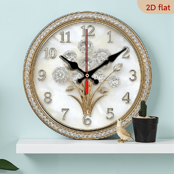 2D Flat 1pc 10Inch Wooden 1pc Elegant Golden Diamond-Encrusted Floral Wall Clock - Silent Swiss Quartz Movement, 10Inch Round Modern Home Decor with Hands Face, Battery-powered (aa Not Included)