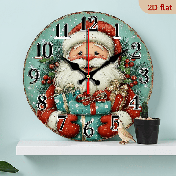 2D Flat 1pc 10Inch Wooden 1pc Festive Santa Claus Wall Clock - Non-Ticking, Wooden Round Clock with Holiday Design, Ideal for Christmas Gift-Giving in Office, Conference Room, Reception Area