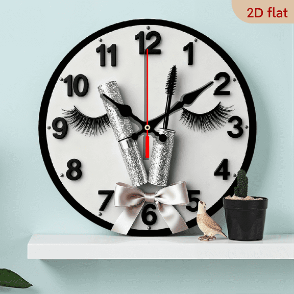 2D Flat 1pc 10Inch Wooden 1pc Glittery Makeup-Themed Wall Clock with Eyelash Hands Mascara Wand Design - 10 Inch Round Silent Movement (Swiss Mechanism), Black Face White Numbers - Beauty Salon