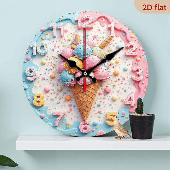 2D Flat 1pc 10Inch Wooden 1pc Ice Cream Cone Wall Clock - Pastel Pink, Blue, Yellow, Green, Purple, Orange, White, Brown - Silent Non-Ticking Modern Kitchen, Bedroom, Party Decor - Round