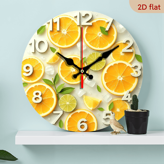 2D Flat 1pc 10Inch Wooden 1pc Modern Citrus Fruit Wall Clock with Lemon Orange Slice Hands - Silent Non-Ticking Battery-Powered Wooden Round Clock for Living Room, Bedroom, Kitchen, Office Decor