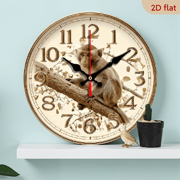 2D Flat 1pc 10Inch Wooden 1pc Monkey-Themed Round Wooden Wall Clock - Farmhouse Style Silent Non-Ticking Large Easy-to-Read Face with Cute Monkey Hands, Wood Clock for Room, Kitchen, Bedroom