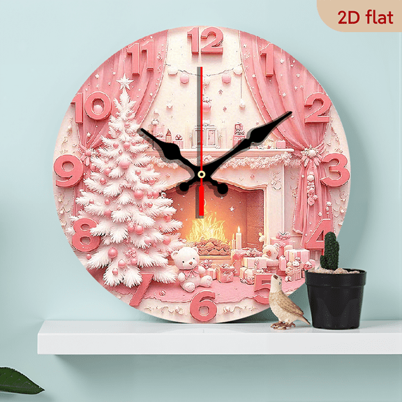 2D Flat 1pc 10Inch Wooden 1pc Pink Christmas Tree Cozy Fireplace Wall Clock - Silent Non-Ticking Round Decorative Hanging Clock with Festive Winter Scene, Battery Operated (AA Not Included)