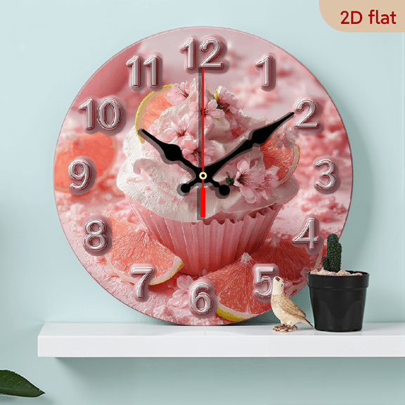 2D Flat 1pc 10Inch Wooden 1pc Pink Cupcake Wall Clock with Strawberry Numbers Swiss Movement - Silent Non-Ticking Room Decor, Pastel Pink White Bedroom Clock, Artificial Wood Round Clock 10 Inch