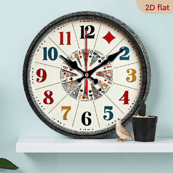 2D Flat 1pc 10Inch Wooden 1pc Poker-Theme Round Wooden Clock Farmhouse Style Home Decor for Kitchen, Bedroom, Office, Easy-to-Read, No Tick, Dry Battery Powered, Battery Not Included