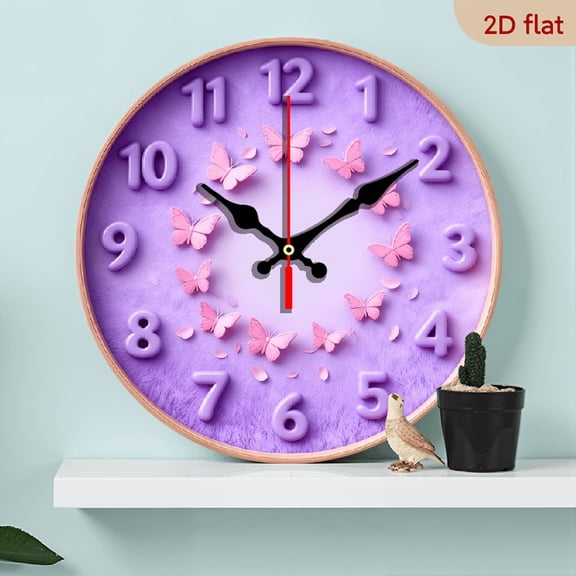 2D Flat 1pc 10Inch Wooden 1pc Purple Butterfly Petal Wall Clock - Silent Swiss Movement, Modern Round Analog Clock with Pink Butterfly Design, 10 Inch Large Face Hands, Battery-powered