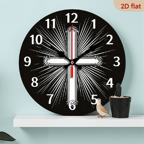 2D Flat 1pc 10Inch Wooden 1pc Religious Wall Clock - Elegant Black Background with White Cross, Silent Non-Ticking Movement, Battery-Powered (AA Not Included) - for Home, Church, Office