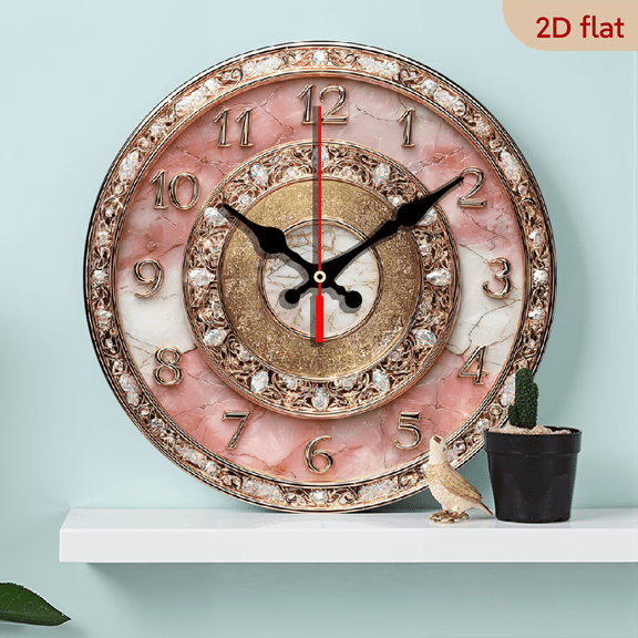 2D Flat 1pc 10Inch Wooden 1pc Rose Golden Diamond Encrusted Pink Marble Wall Clock - Silent Swiss Quartz Movement, Large Round Modern Luxury Clock for Office, (Pink Marble Face, Not Included)