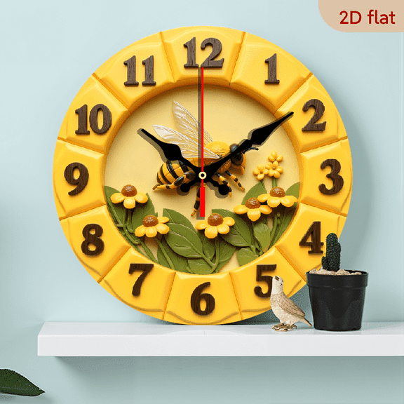 2D Flat 1pc 10Inch Wooden 1pc Silent Bee-Themed Wall Clock with Floral Design Vibrant Yellow Timepiece for Kitchen, Office, Living Room, or Coffee Shop Decor, Battery Operated (AA Not Included)