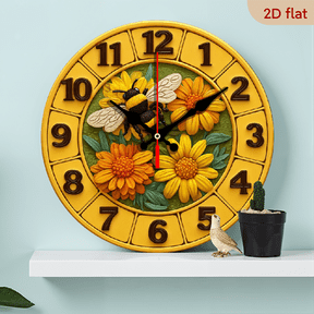 2D Flat 1pc 10Inch Wooden 1pc Silent Bee-Themed Wall Clock with Floral Design Vibrant Yellow Timepiece for Kitchen, Office, Living Room, or Coffee Shop Decor, Battery Operated (AA Not Included)