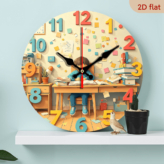 2D Flat 1pc 10Inch Wooden 1pc Silent Round Wall Clock with Learning Scene Design - Colorful Educational Theme, Battery Operated (AA Not Included) for Living Room, Bedroom, Office Decor