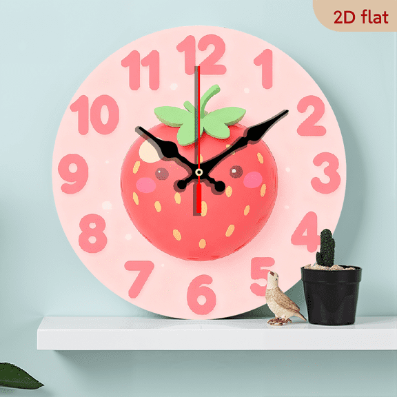 2D Flat 1pc 10Inch Wooden 1pc Strawberry Clock - Cute Cartoon Strawberry Design with Green Leaf Topper, Silent Non-Ticking Wall Clock, Pink Red Strawberry Face with Hands, Material For Kitchen