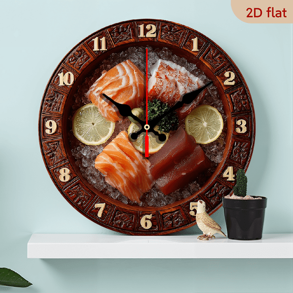2D Flat 1pc 10Inch Wooden 1pc Sushi-Themed Wooden Wall Clock - 10Inch Round Farmhouse Decor with Japanese Fish Design, Easy-to-Read Hands, No Ticking Sound, Battery Operated (AA Not Included)