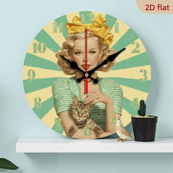 2D Flat 1pc 10Inch Wooden 1pc Vintage Pin-Up Women Cat Wall Clock - Non-Ticking Silent Movement, Teal Yellow Retro Decor - Compatible with AA Batteries (Not Included) - for Living Room, Bedroom