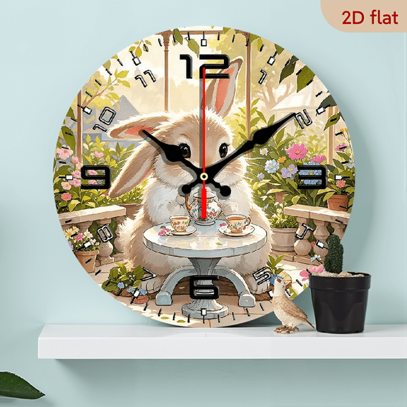 2D Flat 1pc 10Inch Wooden 1pc Vintage Rabbit Afternoon Tea Wall Clock White Bunny Floral Quartz Movement, Retro Wood Round Clock Room,, Kitchen, Living Room Decor - ' Room Accessory