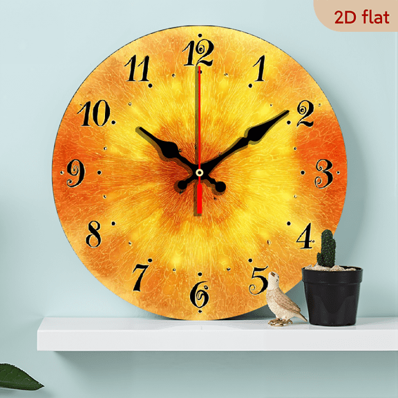 2D Flat 1pc 10Inch Wooden Abstract Orange Floral Yellow Sun Wall Clock Round Battery Operated Decorative Clock for Kitchen School Office