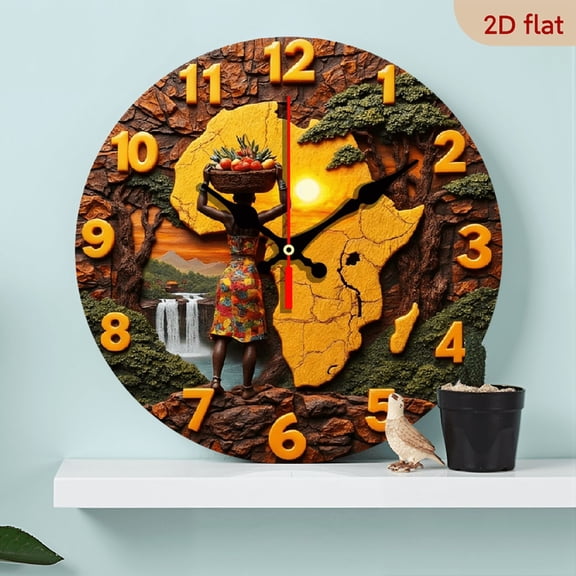 2D Flat 1pc 10Inch Wooden African Exotic Wall Clock with Quartz Movement - Silent, Battery Operated (AA Not Included) - Vibrant 2D African Design with Map, Woman Sunrise Scene - Perfect for Home