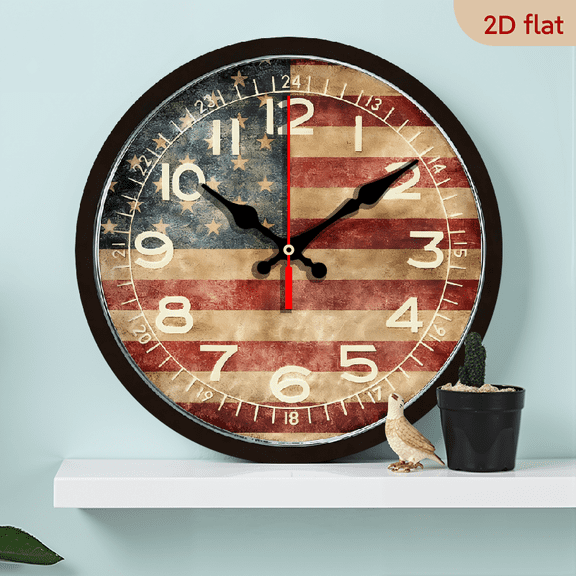 2D Flat 1pc 10Inch Wooden American Flag Grunge Wall Clock for Livingroom, Kitchen, or Office