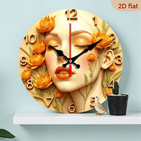 2D Flat 1pc 10Inch Wooden Anime Woman Face Clock - Elegant Floral brown, Modern Japanese Decor for Living Room, Bedroom, Office - Battery-Powered Wooden Wall Clock (AA Battery Not Included)