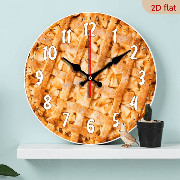 2D Flat 1pc 10Inch Wooden Apple Pie Wall Clock, Silent Non Ticking Round Wooden Wall Clock Home Decor Roman Numerals Clock Art for Living Room Kitchen Bedroom