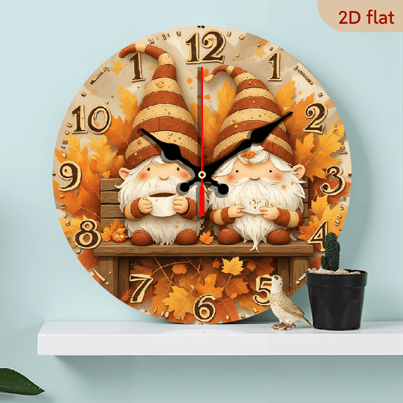 2D Flat 1pc 10Inch Wooden Autumn Gnome Wall Clock - Silent Non-Ticking Battery Operated (AA Not Included), Rustic Fall Decor with 2D Dwarf Design, Artificial Wood Round Clock for Lake House, Kitchen