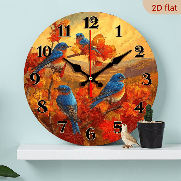 2D Flat 1pc 10Inch Wooden Autumnal Birds Wall Clock - Non-Ticking Wooden, Circular Design with Vibrant Blue, Red Orange Birds Falling Leaves - Perfect for Foyer, Kitchen, Home Office, Studio