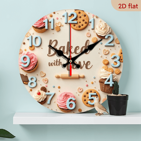 2D Flat 1pc 10Inch Wooden Baked with Love Silent Wall Clock - Round Wooden Kitchen Decor with Cupcake Cookie Design, Battery Operated (AA Not Included) - Perfect for Home, Office, Valentine'S