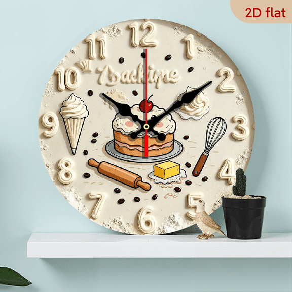 2D Flat 1pc 10Inch Wooden Baking Time Themed Wooden Wall Clock - Silent Round Wall Hanging Clock with Digital Display, 10-Inch Diameter, Swiss Quartz Movement, Artificial Wood, Perfect for Kitchen