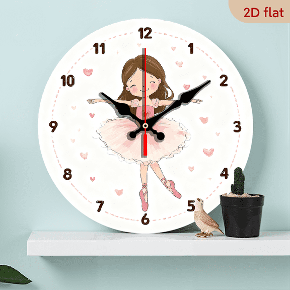 2D Flat 1pc 10Inch Wooden Ballet Women Wooden Wall Clock Round Silent Non-Ticking Battery Operated (AA Not Included) - Farmhouse Style with Pink Ballet Dancer Heart AccentsRead Black Numerals