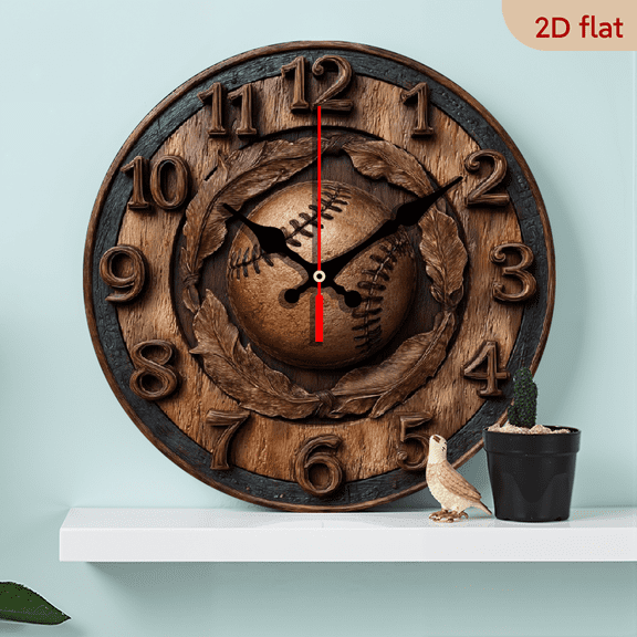 2D Flat 1pc 10Inch Wooden Baseball Wall Clock, Silent Non-Ticking, Decorative Artistic Sports Themed Clock for Living Room, Office, Kitchen, Dormitory - Battery Not Included