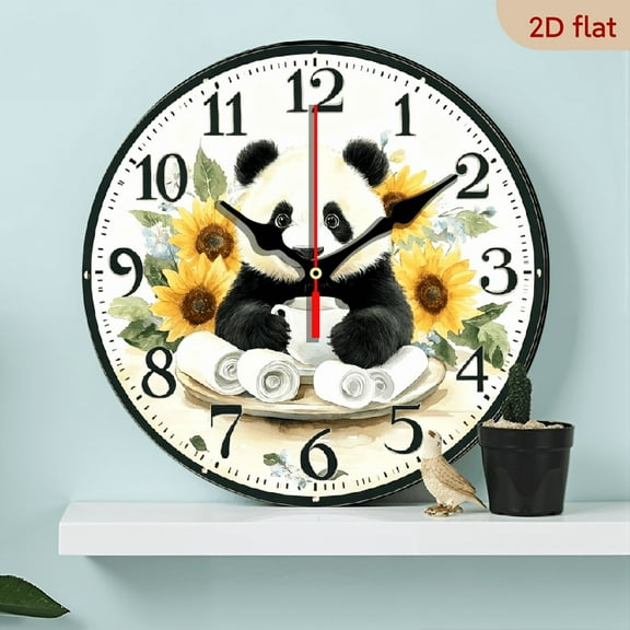 2D Flat 1pc 10Inch Wooden No Battery 2D Flat Print, Wooden Round Wall Clock with Panda Holding Paper Theme in Farmhouse Style for Home Decor Kitchen Bedroom Office Easy to Read