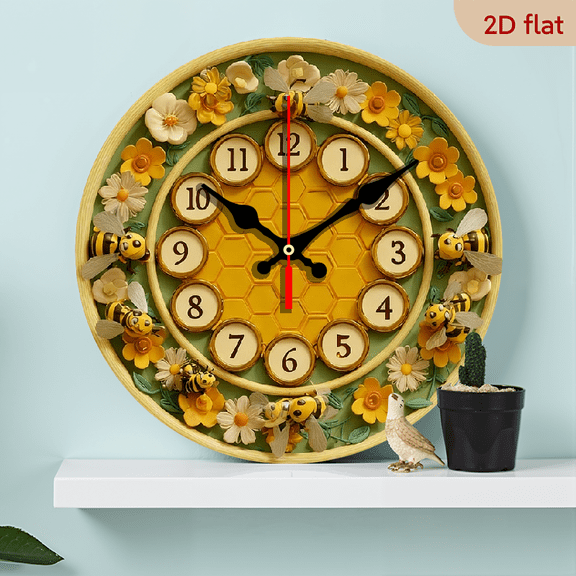 2D Flat 1pc 10Inch Wooden Battery Not Included 2D Flat Print, 1pc, Bee Theme Wooden Round Wall Clock for Farmhouse Style Home Decor Kitchen Bedroom Office Birthday Holiday Gift Easy to Read
