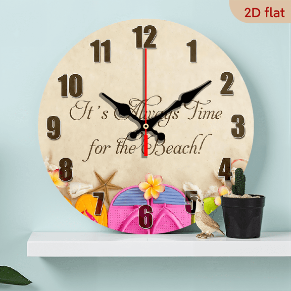 2D Flat 1pc 10Inch Wooden Beach Sandals ITS Always TIME for The Beach Clock Decorative Round Wall Clock Home Decor Large Unique Clocks