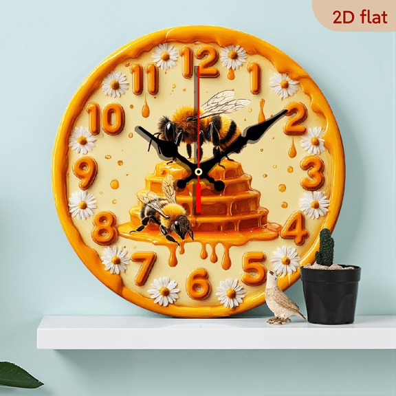 2D Flat 1pc 10Inch Wooden Bee Honeycomb Wall Clock - Large Round Silent Non-Ticking Battery-Powered Honeycomb Honeycomb with Bee Hands, Artificial Wood Honey Bee Theme Decor Room, Farmhouse