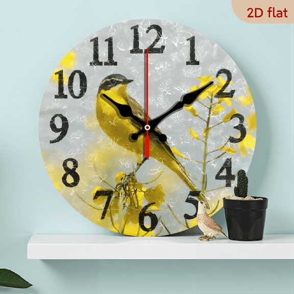2D Flat 1pc 10Inch Wooden Bird in Yellow Flowers Wall Clock Round Battery Operated Decorative Clock for Kitchen School Office