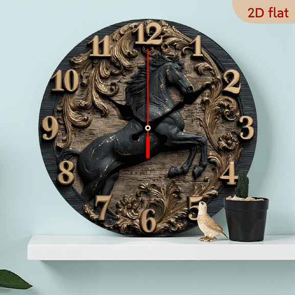 2D Flat 1pc 10Inch Wooden Black Horse-Themed Wooden Round Wall Clock - Silent Non-Ticking Farmhouse Style with 10Inch Face, Easy-to-Read Large Numbers for Kitchen, Bedroom, Office