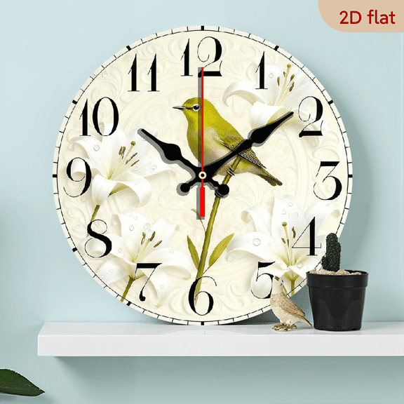 2D Flat 1pc 10Inch Wooden Bluebell Oriole Hanging Clock - Silent Swiss Movement, 10 Inch Round Wall Clock with Floral Design, Auto-Shut Off, Durable Wood Frame, Perfect For Bedroom, Living Room