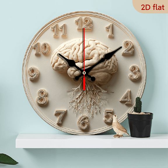 2D Flat 1pc 10Inch Wooden Brain-Shaped Wall Clock with Brain Anatomy Labeled in English - Silent Swiss Quartz Movement, Large Easy-Read Numbers, Artificial Wood Round Clock Room, Office, Science
