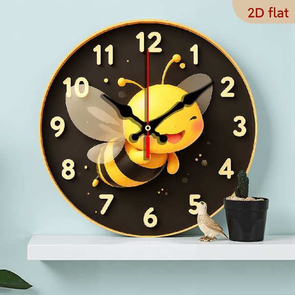 2D Flat 1pc 10Inch Wooden Cartoon Bee Wall Clock - Cute Smiling Bee with Black Golden Honeycomb Design, Silent Non-Ticking Modern Round Clock for Home, Office, Room Decor - Battery-Powered