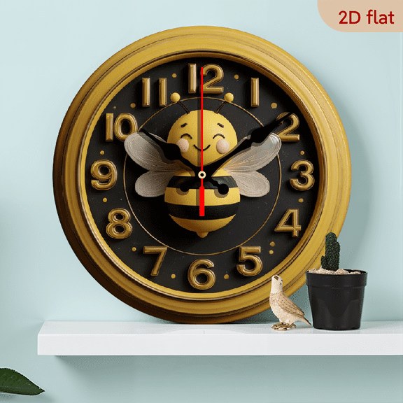 2D Flat 1pc 10Inch Wooden Cartoon Bee Wall Clock - Cute Smiling Bee with Black Golden Honeycomb Design, Silent Non-Ticking Modern Round Clock for Home, Office, Room Decor - Battery-Powered