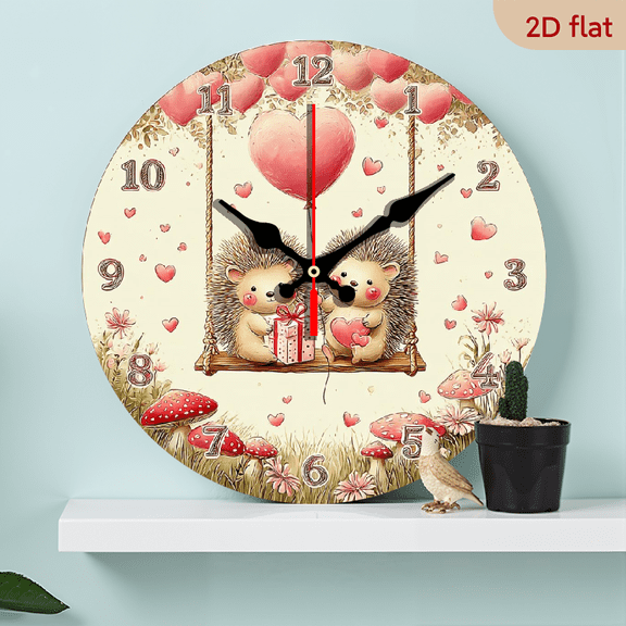 2D Flat 1pc 10Inch Wooden Cartoon Cute Hedgehog Couple Wall Clock - Romantic Valentine'S Day Theme, Silent Non-Ticking Clock with Round Wooden Plate, Fiberboard Circular Fashionable Design