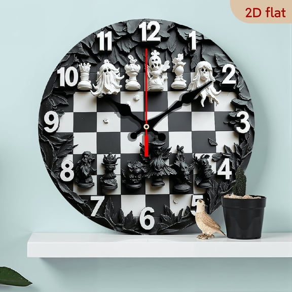 2D Flat 1pc 10Inch Wooden Chess-Themed Wall Clock - Black White Checkered Board with Silent Movement, Golden Hands Large Numerals - Modern Minimalist Design for Home Office Decor, Game Room
