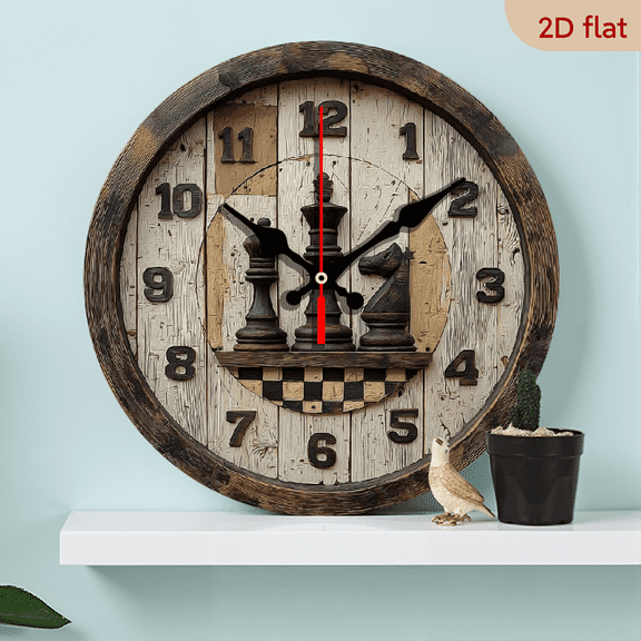 2D Flat 1pc 10Inch Wooden Chessboard Clock Theme Design, Stylish Art Wall Clock, Round Silent Timepiece for Living Room, Bedroom, Dining Room, Kitchen Decor, Classic Home Office Coffee Shop Decora