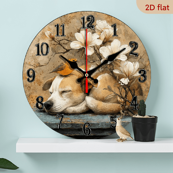 2D Flat 1pc 10Inch Wooden Chihuahua Magnolia Flowers Wall Clock - Non-Ticking Wooden Design, 25cm Sizes, Perfect for Foyer, Kitchen, Home Office, Studio, Guest Room Decor (Battery Not Included)