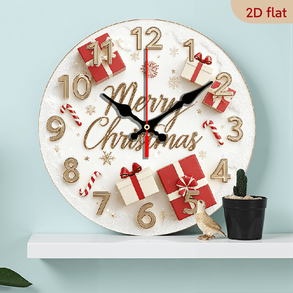 2D Flat 1pc 10Inch Wooden Christmas Countdown Clock Theme Design, Silent Hanging Clock - 10 Inch Round Wooden, Silent Non-Ticking Mechanism, Battery Powered (Without AA) - Perfect Choice for Home