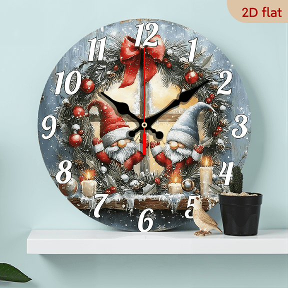 2D Flat 1pc 10Inch Wooden Christmas Gnome Wall Clock - Silent Non-Ticking Wooden Holiday Decor with Santa Hats, Red Ornaments Snowflakes - Easy-to-Read Large Numerals - Battery-Powered