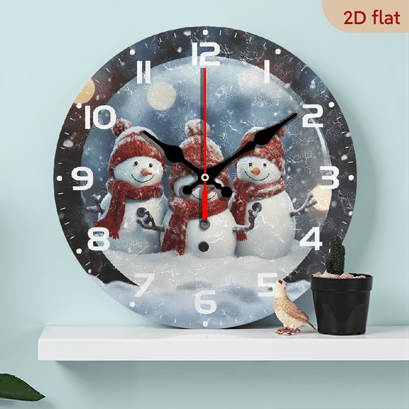 2D Flat 1pc 10Inch Wooden Christmas Snowman Wall Clock, Silent Non Ticking Battery Operated Creative Decorative Round Clock for Kitchen, Living Room, Bathroom, Home School Office Decor