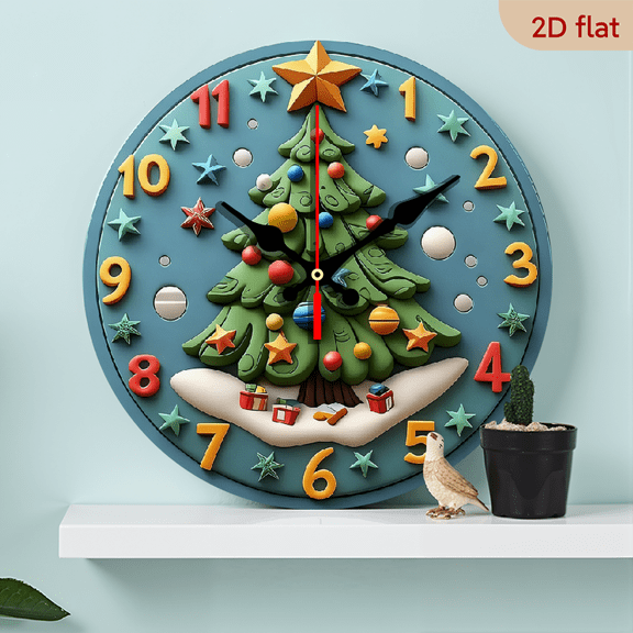 2D Flat 1pc 10Inch Wooden Christmas Tree Wall Clock - Silent Non-Ticking Operation, Red Golden Ornament Design with Teal Background - Artificial Wood Holiday Decor for Living Room, Bedroom